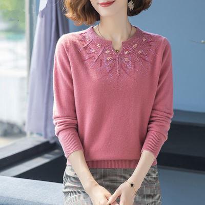 Pull en maille imitation laine, style maman tendance, ample, brodé de strass, pour femmes d'âge mûr et grandes tailles, automne-hiver