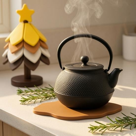 Anti Scald Silicone Mat Christmas Tree Shaped Trivet Set, Collapsible Heat Resistant Hot Pad Folding Kitchen with Storage Stand, Space Saving
