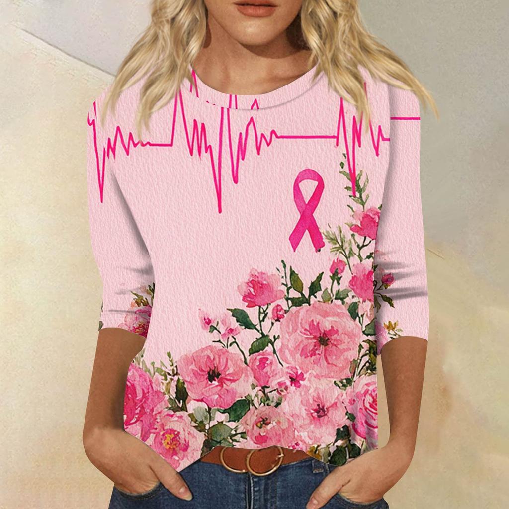 Dámské módní ležérní tričko s potiskem, kulatým výstřihem a sedmidílným rukávem, volného střihu