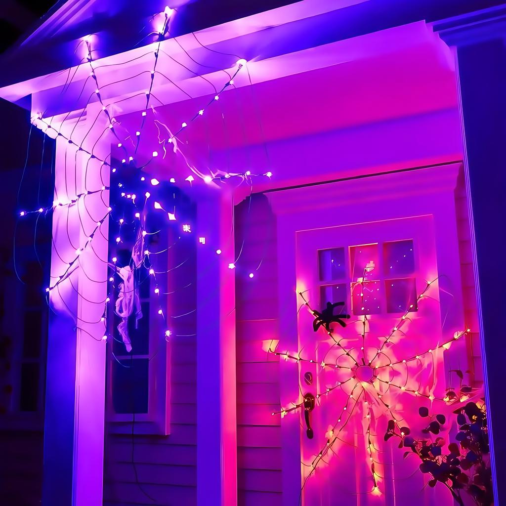 70LED Halloween Spider Web Lights Holiday Ambient Light with 8-Mode Remote Controlled for Horror Theme Party Garden Outdor Decor