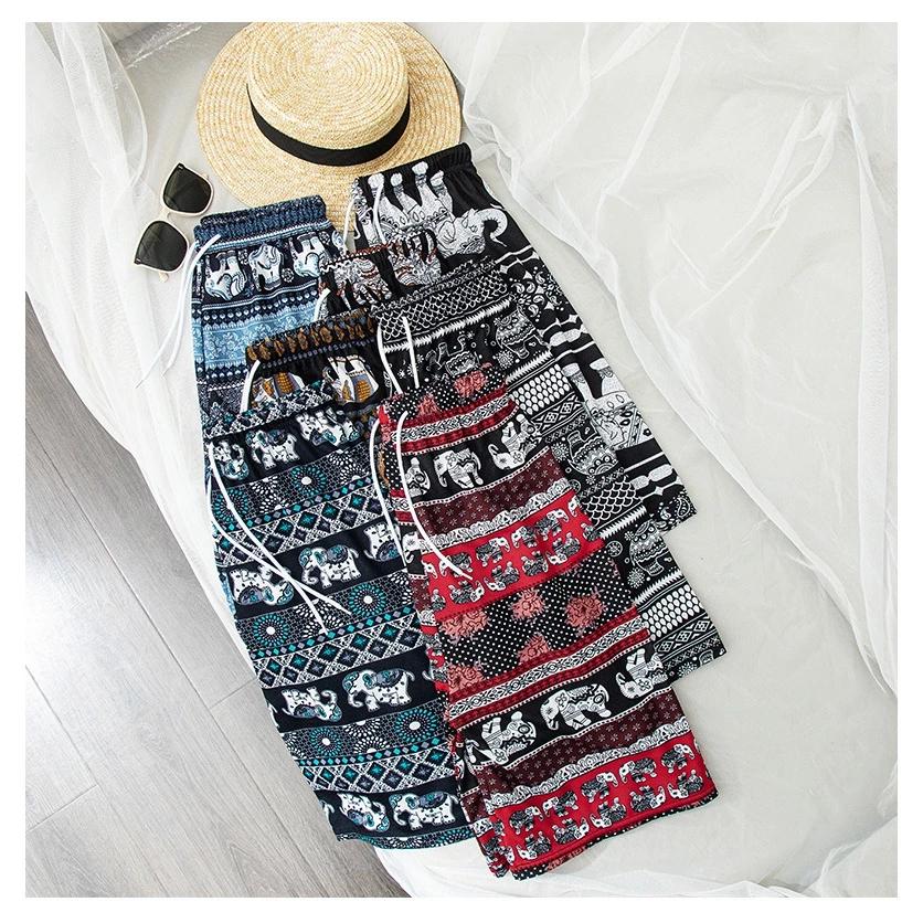 Elephant Pants Shorts Casual Adjustable Elastic High Waistband Strap Rope Women Men Unisex Print Thailand Streetwear Beach Bohemian Retro Vintage Boho