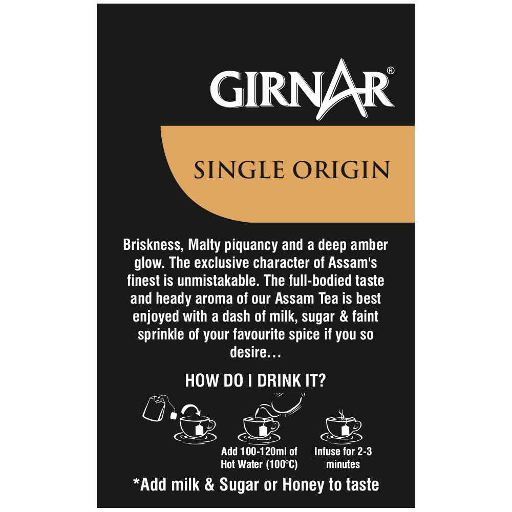 Girnar Assam Tea Single Origin Black Tea Bags With Rich Aroma Natural Taste Individually Foil Wrapped 10 Count