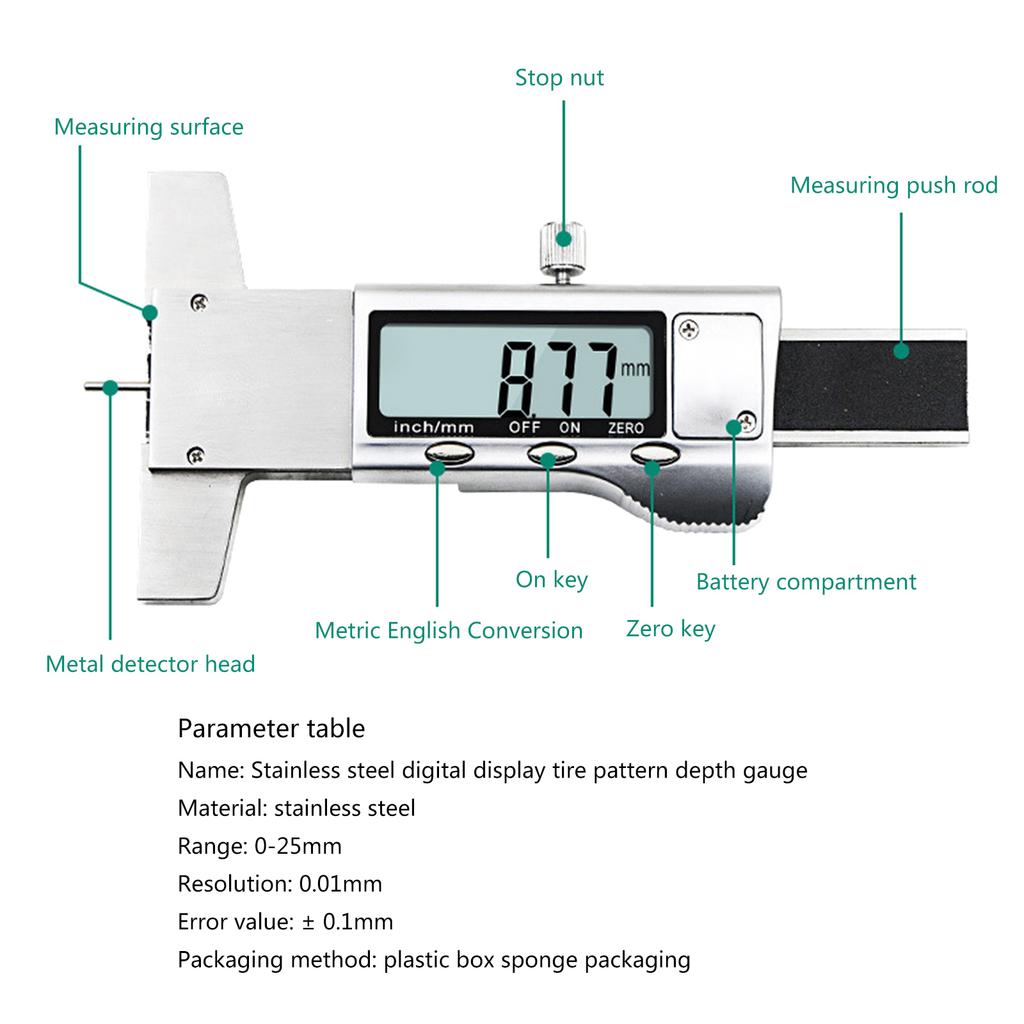 Tyre Tread Depth Measuring Tool Digital Stainless Steel LCD Display Tire Monitoring Gauge 0-25.4mm for SUV Vans Truck