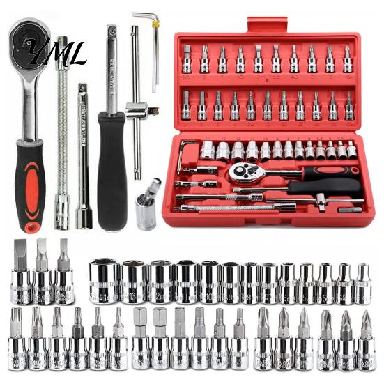 Portable Tool Box Professional Socket Wrench Set, Cr-V Steel Alloy Ratchet/Hex Multi-Bit Ratchet Kit with Storage Case for Home Maintenance