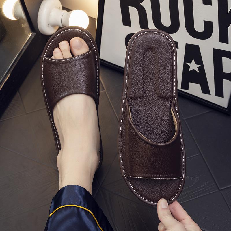Fashion Men's Slippers High Quality Cow Leather Slippers Summer Open Toe Slipper Fashion Casual Beach Slides Comfort Couple Home Slipper