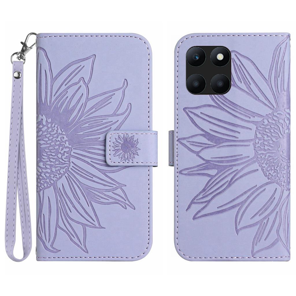 HT04 For Honor X8b 4G PU Leather Phone Case Wrist Strap Sunflower Pattern Cover