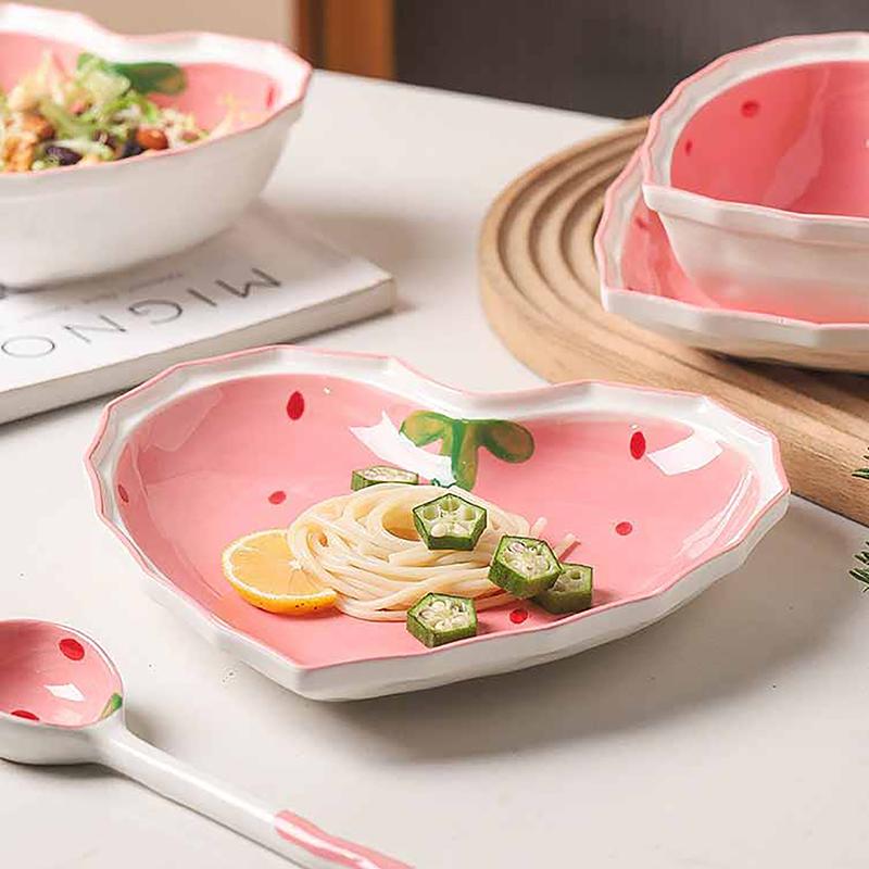Strawberry Bowl Spoon Plate Set Beautiful Girl Heart Bowl Salad Bowl Dessert Household Tableware