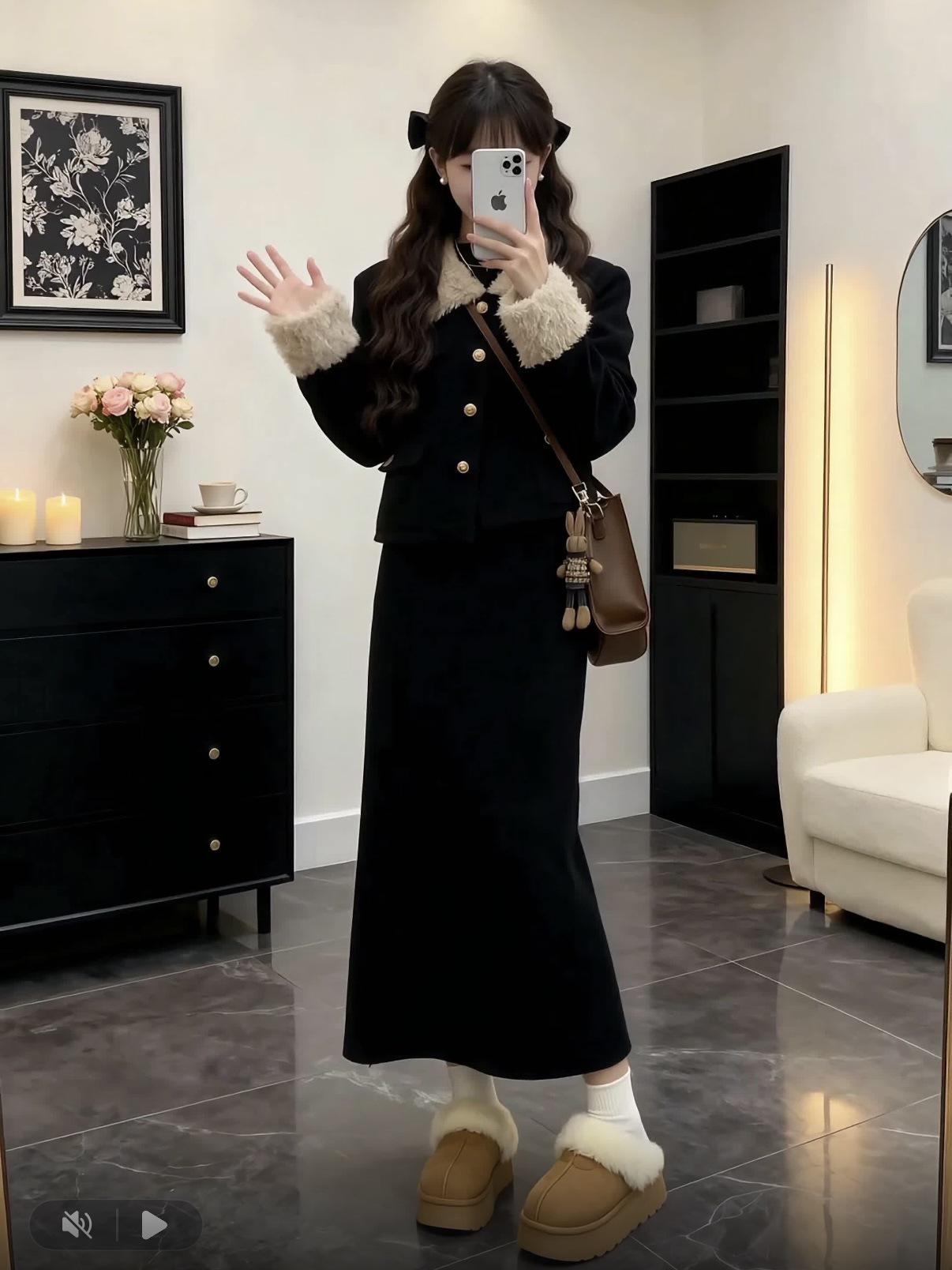 Plus Size Women s 2025 Winter Lambswool Jacket & Skirt Set M