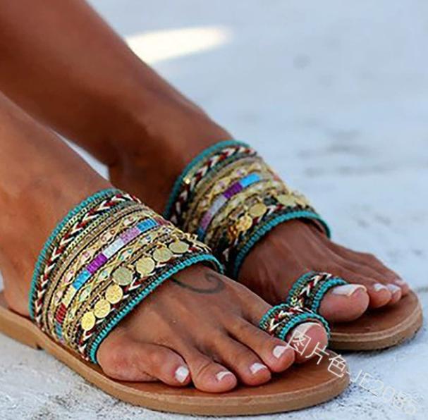 Fashion Chaussures De Style Ethnique Bohème Pour Femmes, Sandales Plates Ouvertes, Tongs De Plage, Pantoufles Pour Femmes