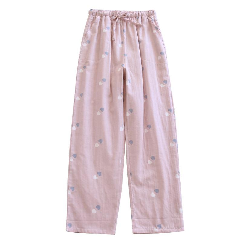2026 New Women's Spring/Summer Sleeper Pants 100% Cotton Gauze Heart Shaped Thin Printed Pants Home Pants Lounge Wear