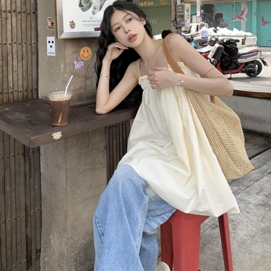 Pure desire wind one-word shoulder fungus edge sling vest women's spring and summer inner loose tube top design medium and long top