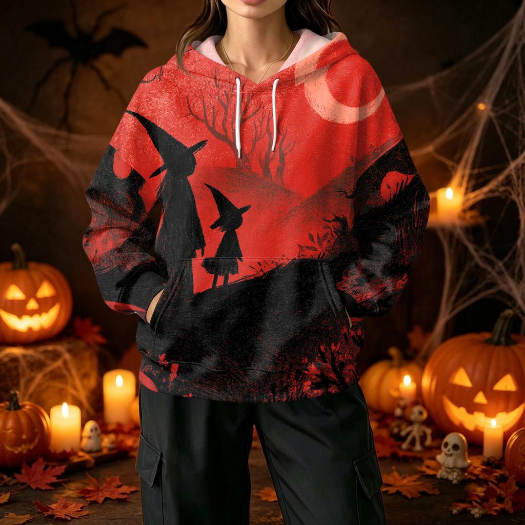 Damen Halloween Print Hoodie mit und Taschen