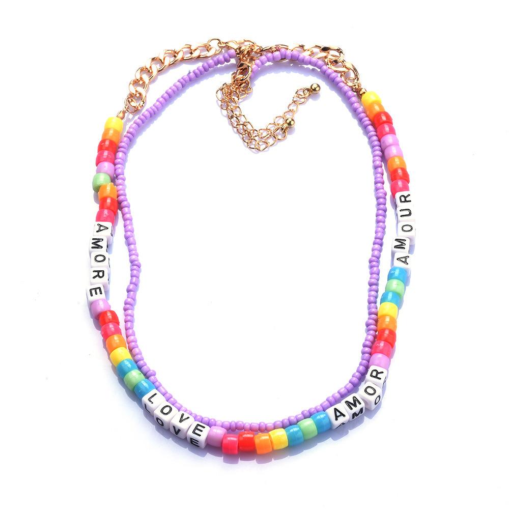 Sweater Necklace Temperament Versatile Colored Rice Bead Letter Collarbone Chain Double Layer Necklace