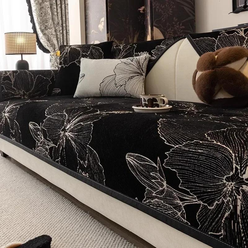 Flowers Print Chenille Sofa Cover Anti-slip Sofa Mat All Seasons Universal Chaise Lounge Couch Towel for Living Room Couch Cover