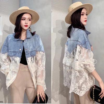 Vestes en jean en dentelle pour femmes, manteau d'été à manches longues, ample, dessus Patchwork, manteaux pour dames