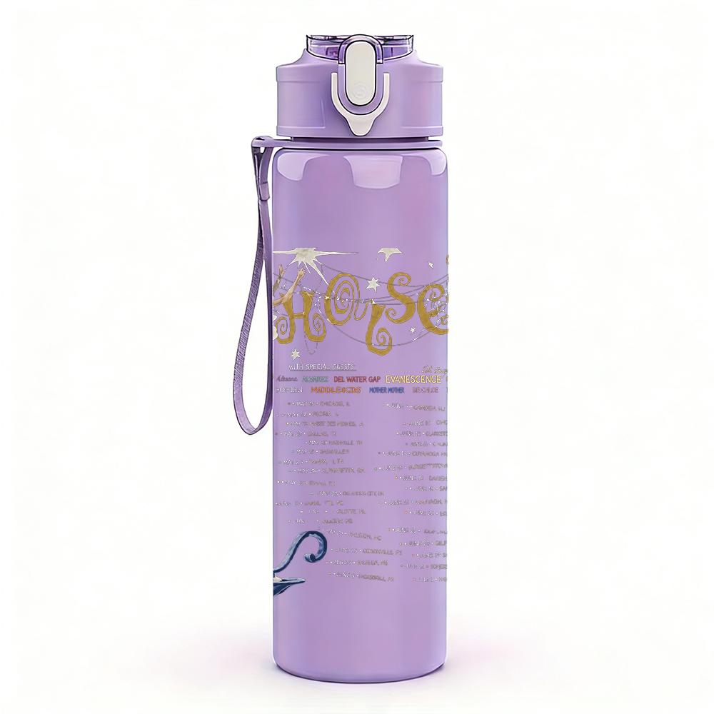 1PC Vintage candle manuscript text print 750ml colorful plastic sports water bottle leakproof pop up lid with straw for outdoor work home use