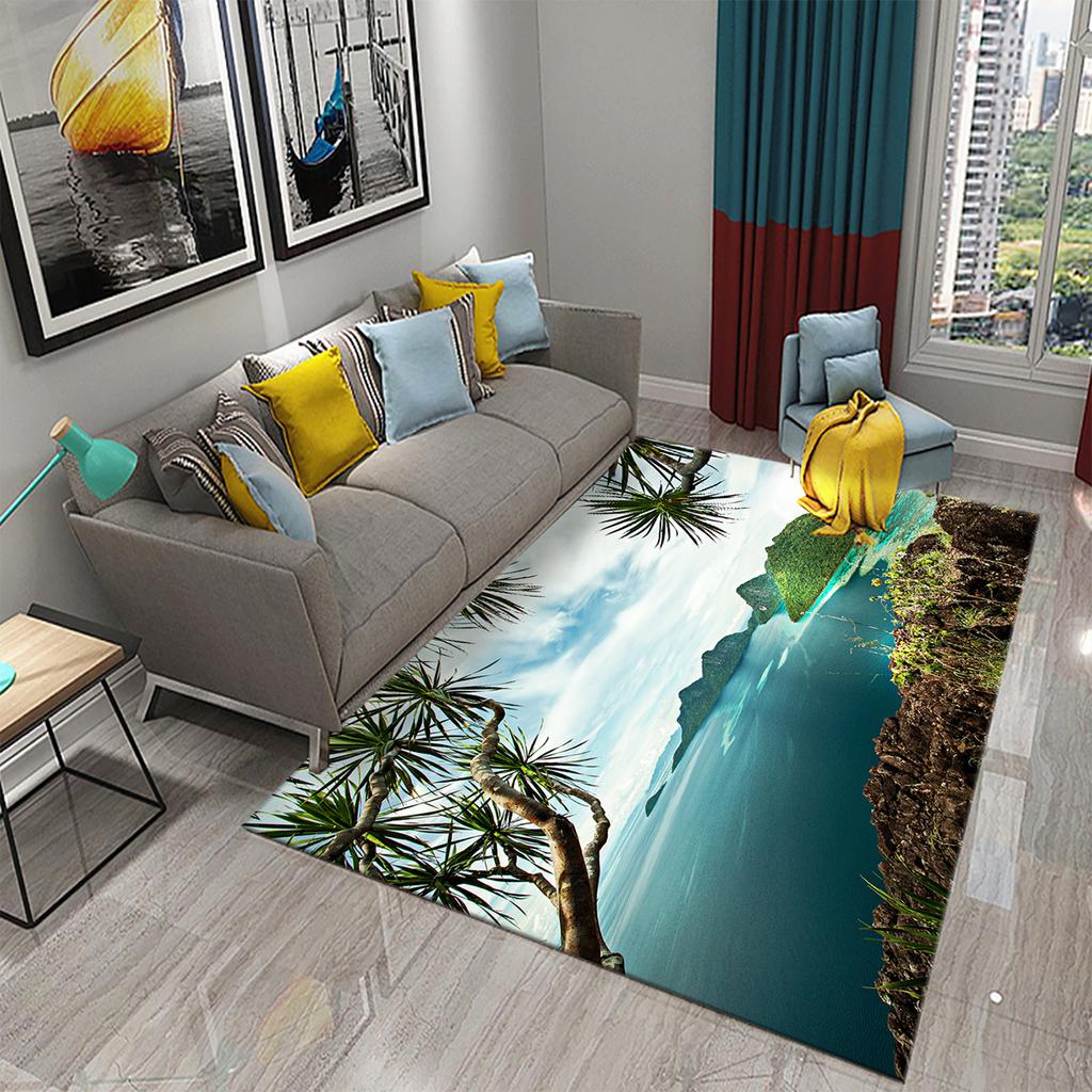 3D Tropical Island Ocean Beach Print Carpet for Kitchen Bathroom Living Room Bedroom Non-slip Absorbent Modern Home Decor Carpet