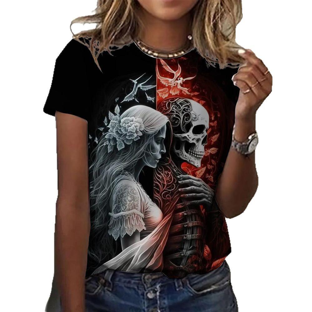 Summer Round Neck 3D Skull Print Top Fashionable Casual Short Sleeved Women's T-shirts