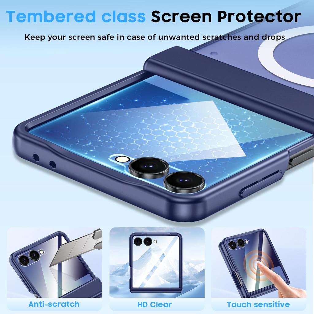 Magnetic Matte Protective Case with Tempered Glass Screen Protector and Hinge Protection for Samsung Galaxy Z Flip 7-Blue