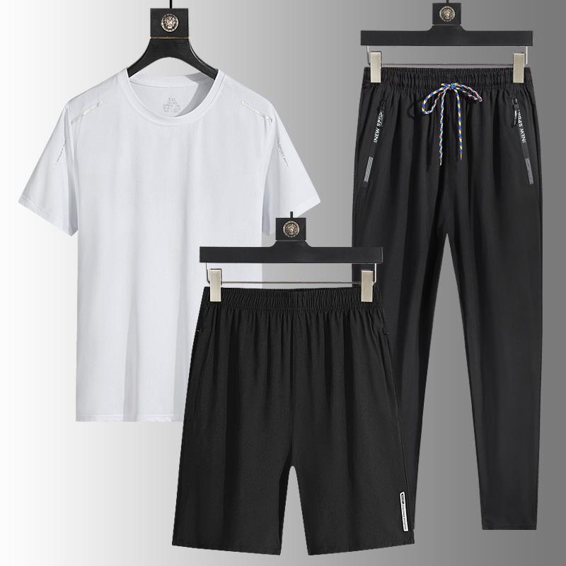 Ice Silk Outdoor Men's Casual Sports Loose Three Piece Set Breathable Quick Drying Round Neck T-shirt Long Pants Men