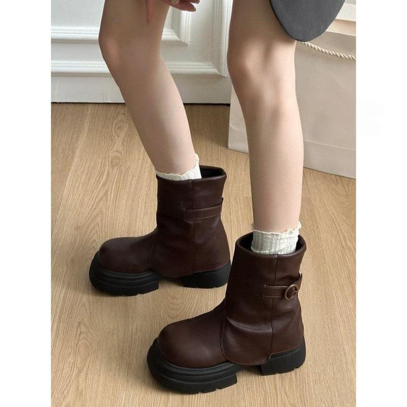 2025 Autumn and Winter New Niche Retro Thick-soled Pleated Trouser Tube Boots Heightened Short Boots Versatile Casual Martin Boots