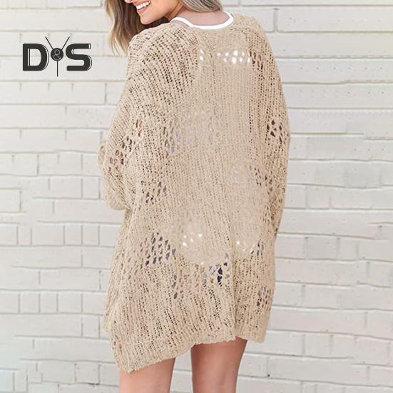 Women Knitted Coat Hollow Out Loose Long Sleeve Pure Color Knitwear Cardigan Mid Length Loose Elastic Spring Autumn Jacket