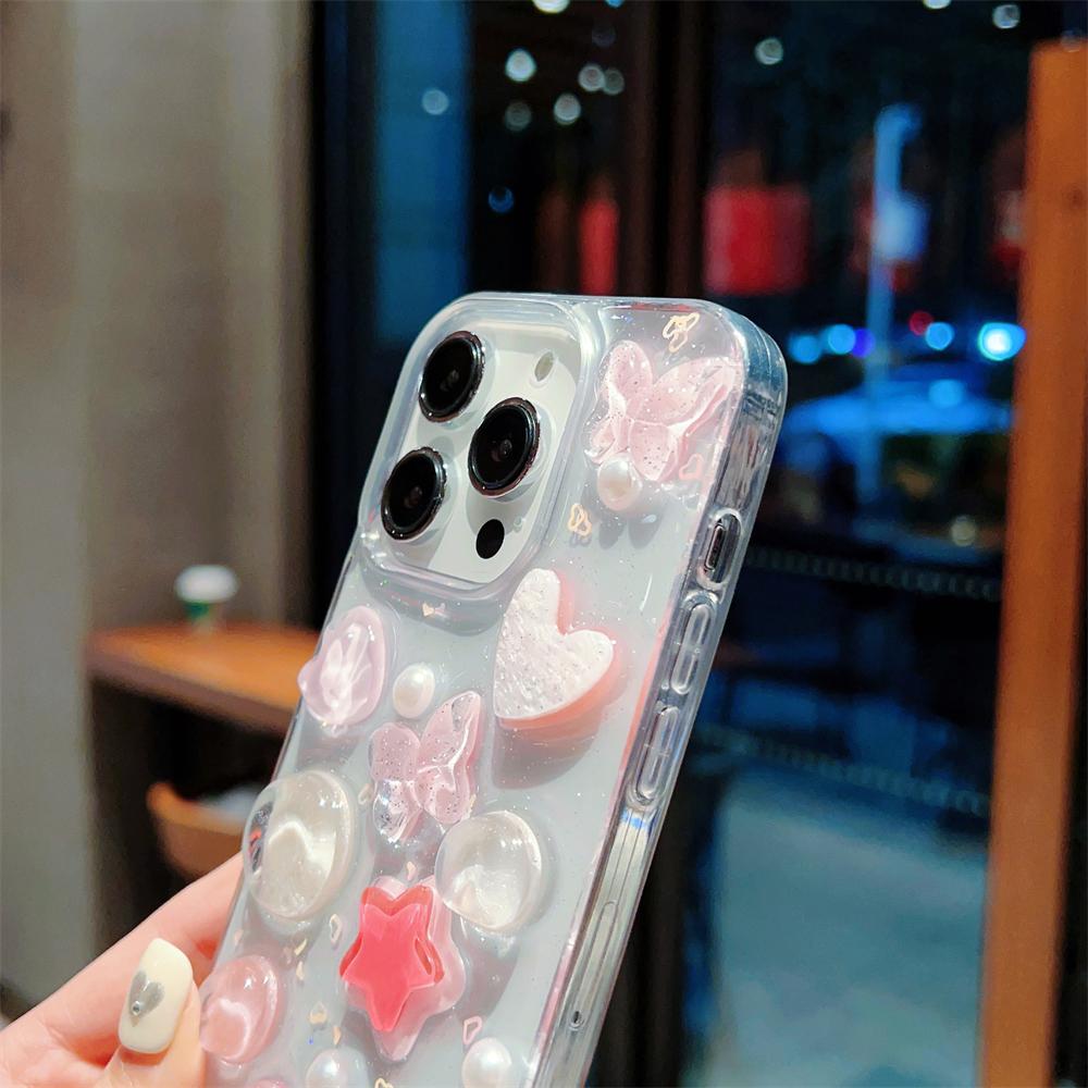 Cute 3D Laser Pink Butterfly Love Heart Pearl Case for iPhone 15 14 13 12 Pro Max 11 Glitter Clear Epoxy Shockproof Bumper Cover