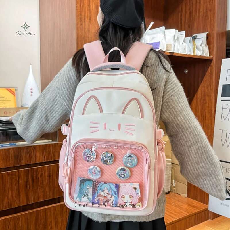 Zaino Gatto Kawaii Ita Bag Grande Capacità Zaino Scolastico in Nylon con Tasca Trasparente per Pin Zaino Anime Carino per Ragazze