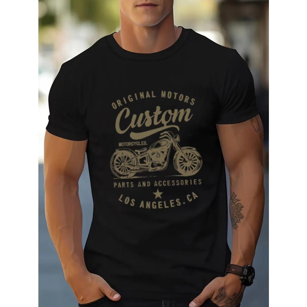 Men's 100% cotton fashionable casual loose oversized retro motorcycle pattern printed round neck short sleeved t-shirt