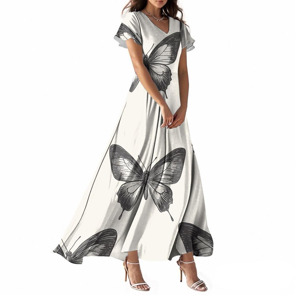 Abito Casual Estivo da Donna con Stampa Farfalla, Scollo a V, Manica Corta
