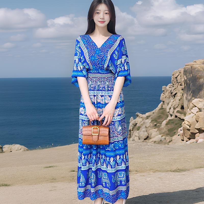 Ethnic Style V-neck Cotton and Silk Short-sleeved French Thai Style Dress for Women's Summer Printing Pastoral Style Skirt for Vacation Wear