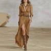 Women's Boho Maxi Dress with Belt Button Down Deep V Neck