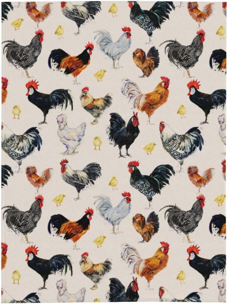 Soft Flannel Throw Blanket Watercolor Rooster Hen Chick Print Lightweight Cozy Warm Sofa Bed Farm Home Decor