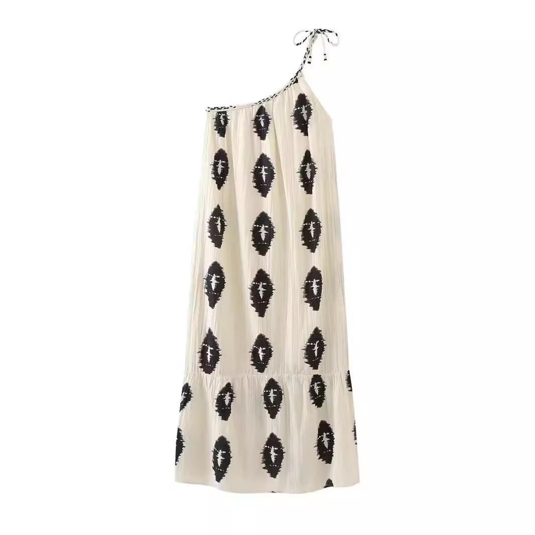 

Women One Shoulder Beach Dress Sleeveless Summer Sundress Lightweight Loose Fit Midi Dress with Tie Strap and Printed Pattern S бежевый