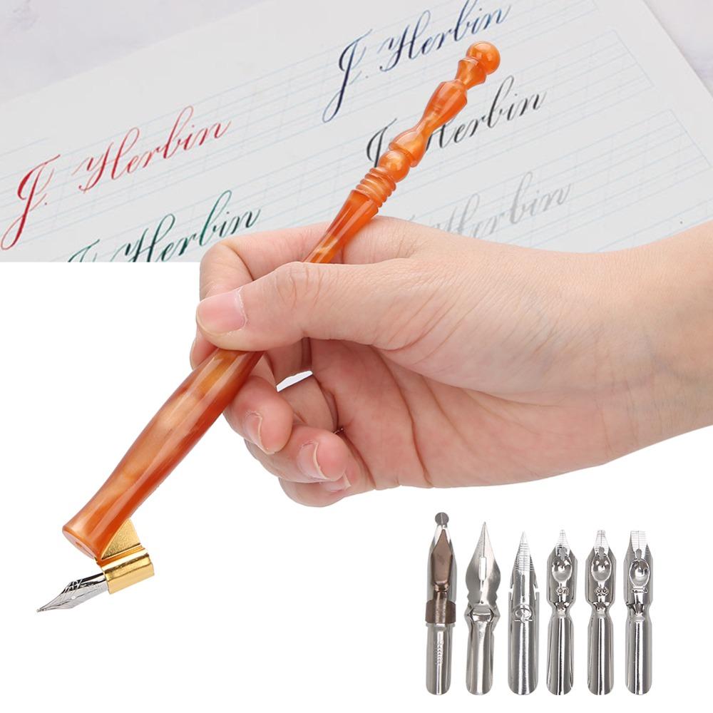 7pcs Antique Copperplate Finish Calligraphy Dip Pen Flat Nibs Oblique Pen Holder For Artists