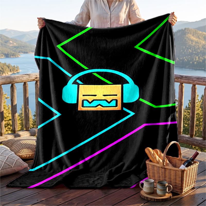 Warm Flannel Blanket Geometry Dash Pattern, Lightweight Comfortable Throw Blanket for Bed Sofa Use