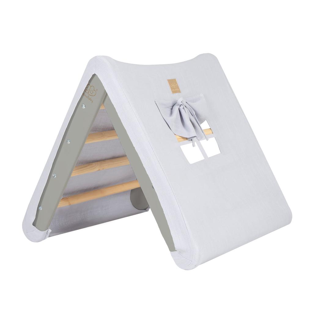 MeowBaby ® A House for Children with a Ladder 68x61x60 Cm Folding Into the Room. Wood, Linen, Viscose, Gray and Blue House