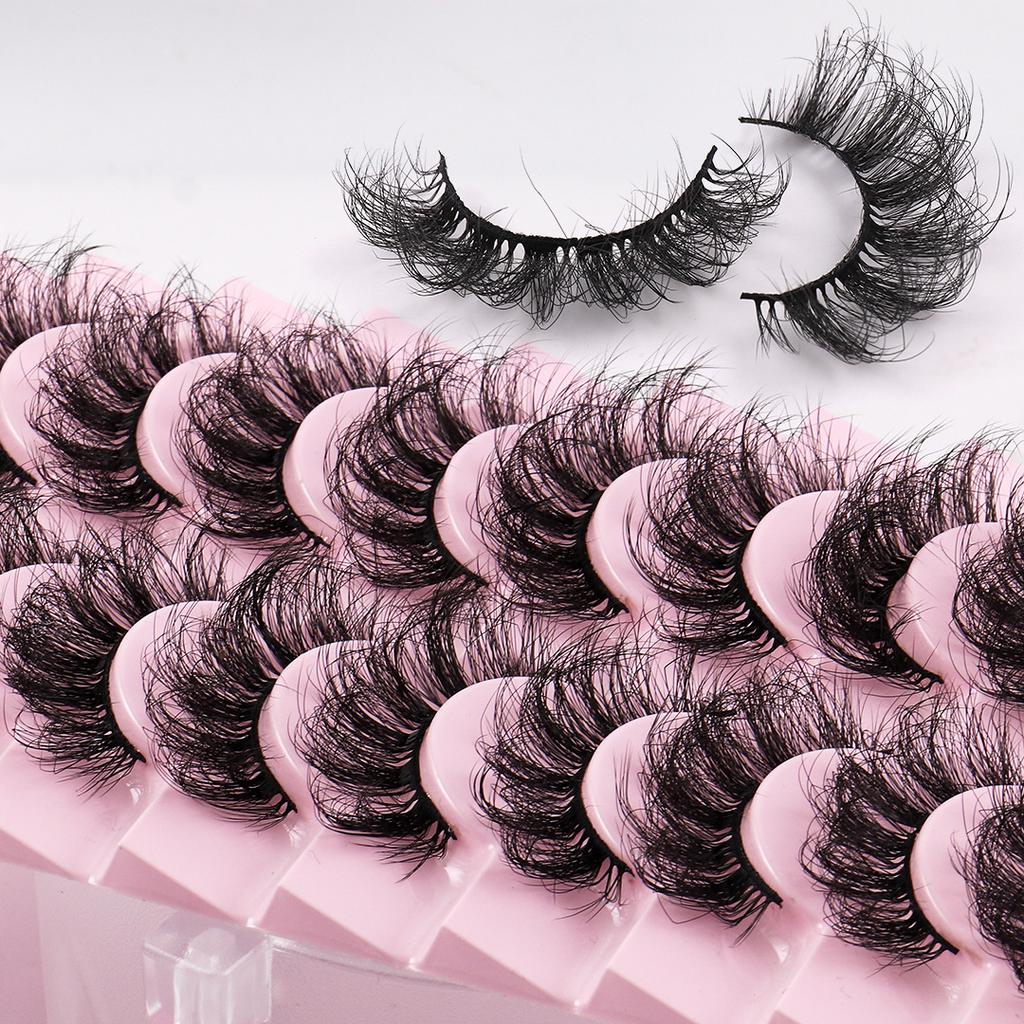 10 paires de faux cils à tiges rigides, imitation poil de vison naturel, style ébouriffé, désordonné, recourbé et épais