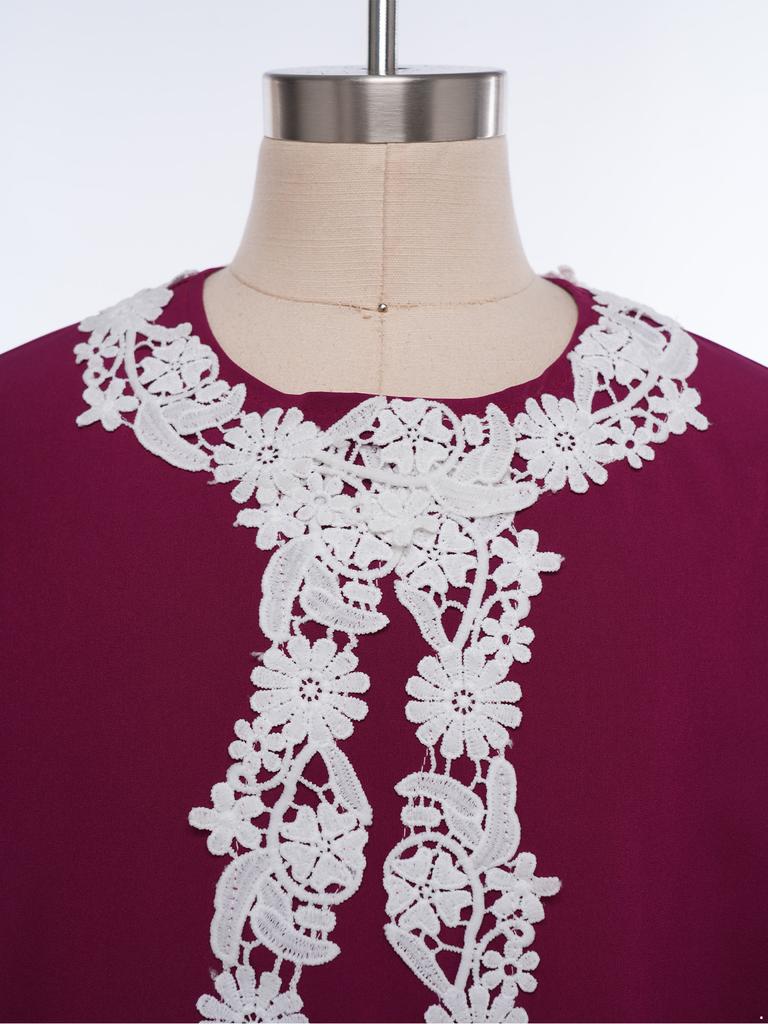 Girls Embroidered Lace Muslim Robe Abaya Round Neck Long Sleeve Back Invisible Zipper Loose Dress