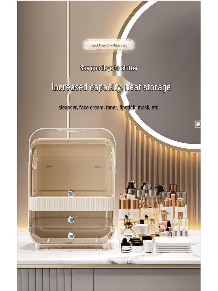 Large Capacity Dustproof Cosmetic Storage Box with Desktop Drawer for Skincare and Makeup