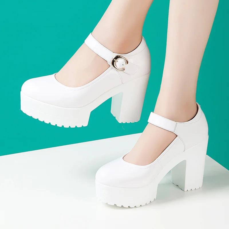 

10см Зручні Мері Джейн з м якої шкіри з неглибоким вирізом, туфлі-платформи, весна 2025, модельні туфлі на високих блочних підборах для вечірньої сукні 38