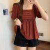 French Style Puff Sleeve Loose Blouse Summer Elegant Square Collar Women's Clothing Fashionable Pleated Basic Solid Color Shirts