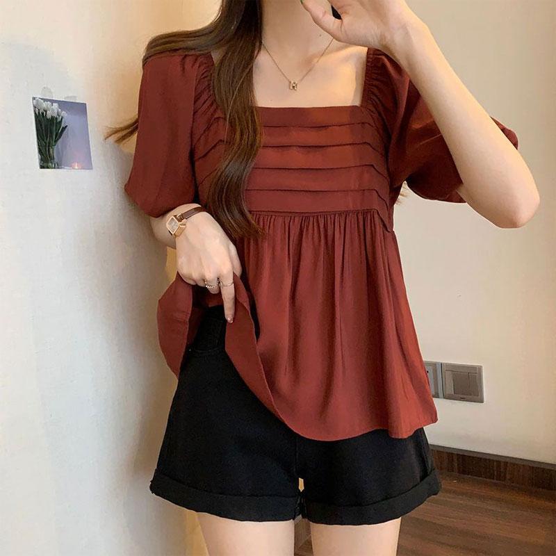 French Style Puff Sleeve Loose Blouse Summer Elegant Square Collar Women's Clothing Fashionable Pleated Basic Solid Color Shirts