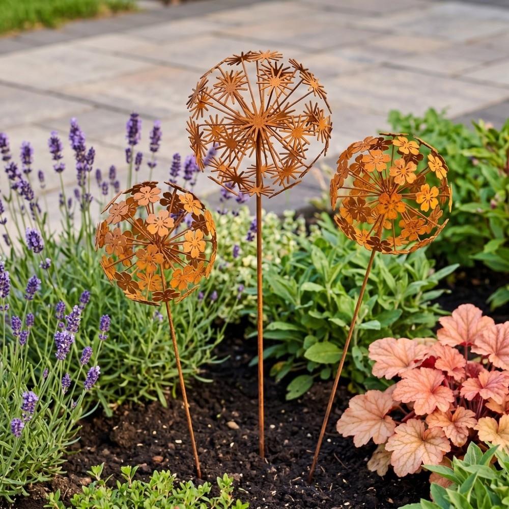 Rustic 3D Sphere Flower Stakes Metal Art Outdoor Decor Patio Lawn Art Craft