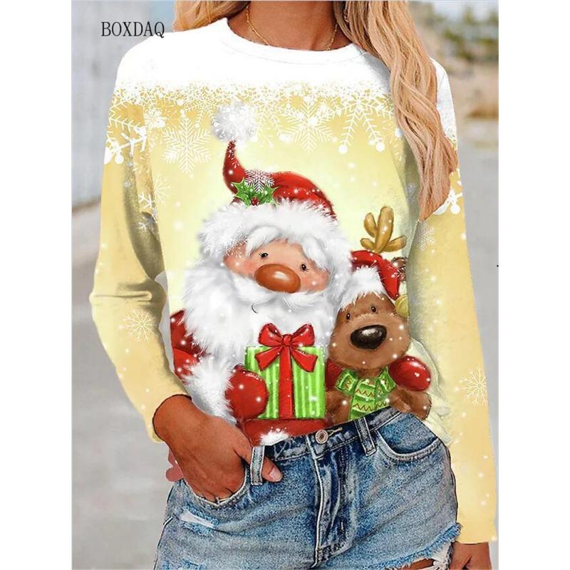 Big Size Women Clothing Christmas T-shirts Autumn Winter Long Sleeve 3d Santa Claus And Snowman Print Cartoon Cute Lady Tops