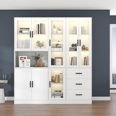 Moderner weißer Vitrinenschrank, 200 cm hoch und 180 cm lang, mit LED-Beleuchtung, 8 Türen, 3 Schubladen - perfekt zur Präsentation Ihres Zuhauses!