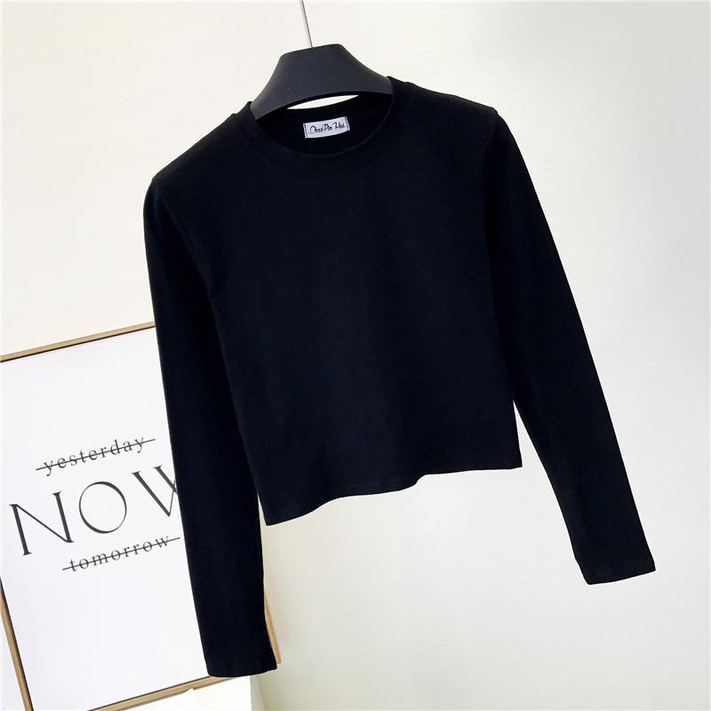Sexy Black Cotton Women's Clothing O Neck Long Sleeve Navel Autumn Base Women's Clothing Fashion Casual Ropa Mujer