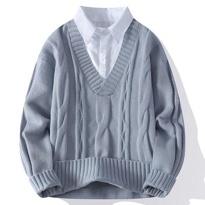 Otoño e Invierno Nuevo Cuello de Camisa Suéter Casual de Moda de Dos Piezas Falsas para Hombre y Mujer