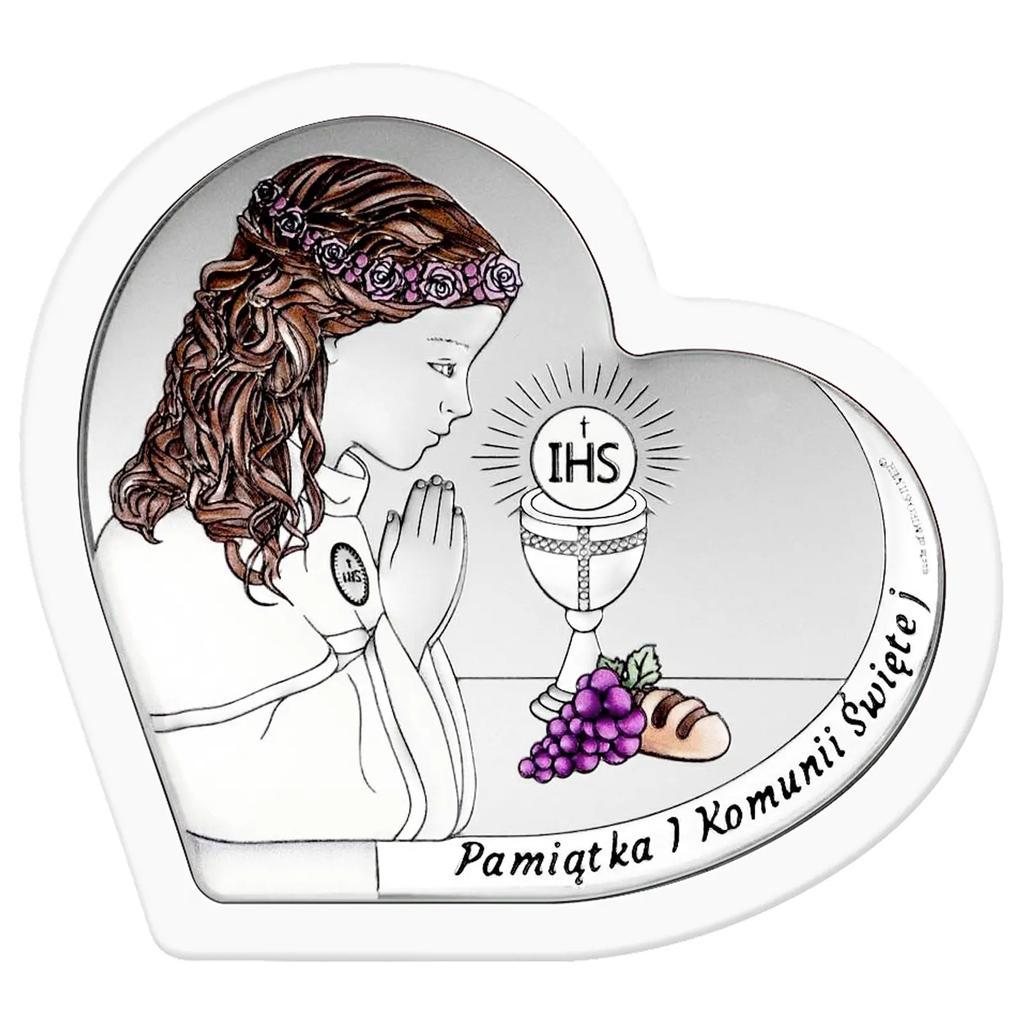 Silver Picture For A Girl, Souvenir of First Holy Communion, Colorful, In A White Frame, Heart With Engraving 6800-Awc 9.5 X 9