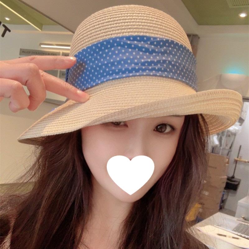 Small fresh double-layer bow polka dot flat-top straw hat women's new sun hat straw top hat hat